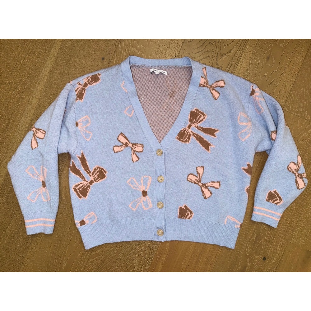 Celebrity Pink Blue Bow Pattern Cardigan Sweater XXL V-Neck Coquette Knit